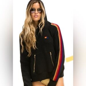 Aviator Nation Stylish Black Hoodie with Velvet Sleeve Stripes